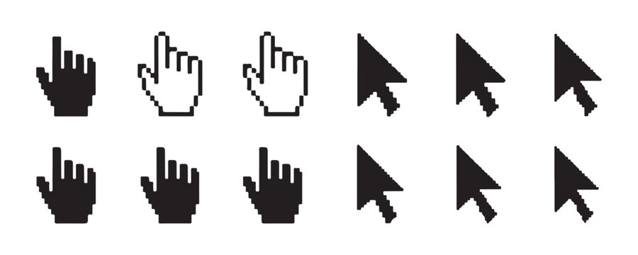 Pixelated hand and arrow mouse pointer icons for digital displays in black and white style.