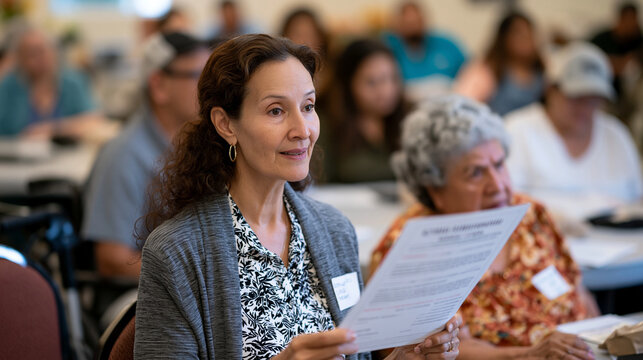 Salvadoran community center hosting World Alzheimers Day bilingual memory care workshop for immigrant elders, occupational therapist leading cognitive activity at round tables, family caregivers obs