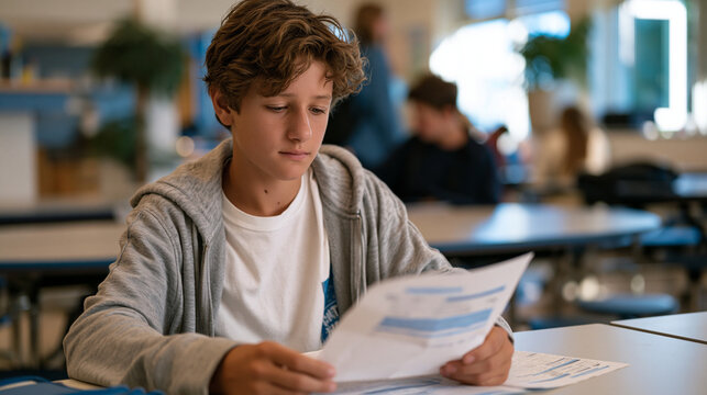 Seventh grader sitting alone at cafeteria table staring at returned standardized test marked with low score, September assessment results, academic self-doubt, student performance pressure, middle s