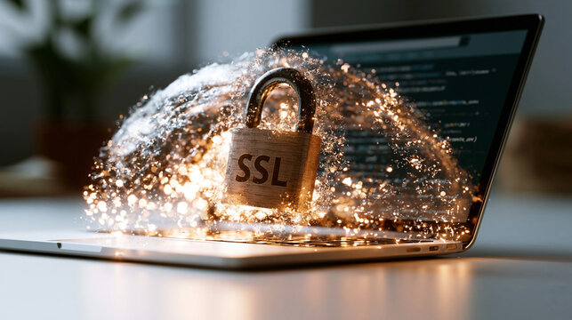 Glowing SSL padlock above laptop showing secure website with protective dome of light particles for cybersecurity protection