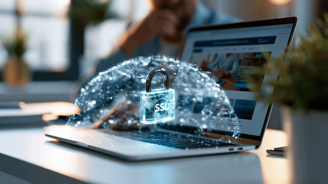 Glowing SSL padlock over laptop with secure website and protective dome of light particles in a dramatic cyber security scene