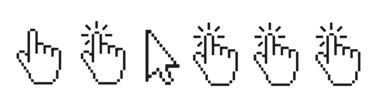 Set of click pixel art icons, hand pointer and cursor symbol isolated on transparent background vector.