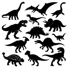 Obraz premium Dinosaur Silhouettes Vector Art Set of Assorted Prehistoric Reptiles, Including Stegosaurus, Triceratops and Tyrannosaurus
