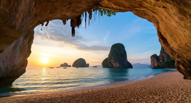 Thailand sunset view from a limestone cave at phra nang beach in krabi tropical sea