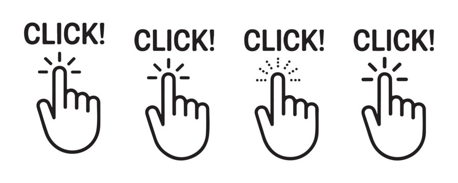 Click text with clicking hand icons for web button and UI element design.