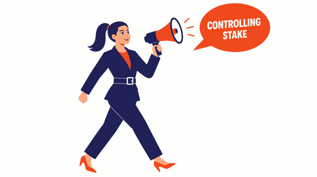 Businesswoman holding megaphone with controlling stake message.