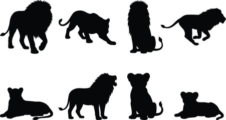 Fototapeta premium Silhouette illustration of lions and cubs in varied poses including walking, sitting, and crouching