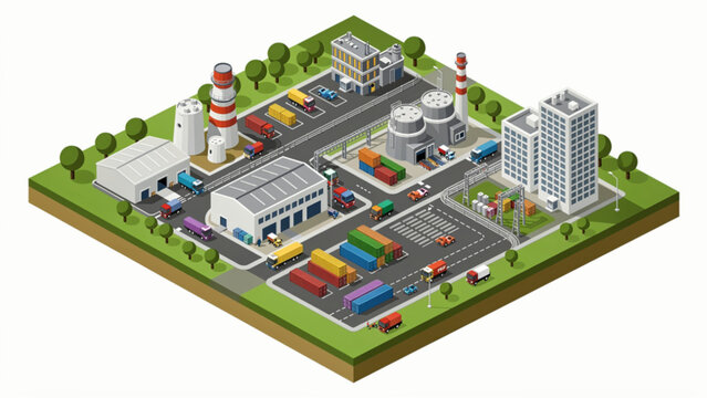 isometric view of a busy industrial port with ships trucks and warehouses in vibrant colors