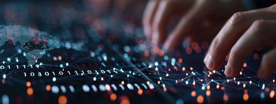 Technology and binary code on a digital interface representing virtual data network