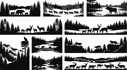 Obraz premium Wildlife Forest Silhouette Collection with Animals, Trees, Mountains and Nature Landscape Scenes