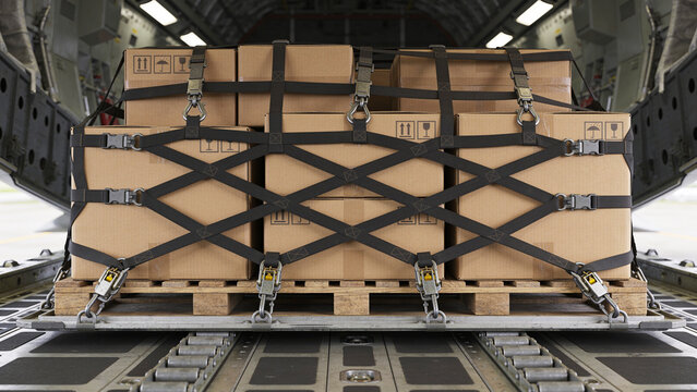 Cardboard boxes on a wooden pallet secured with straps inside an aircraft cargo hold for transport.