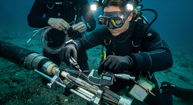 Commercial Diver Repairing Submarine Fiber Optic Cable on Ocean Floor