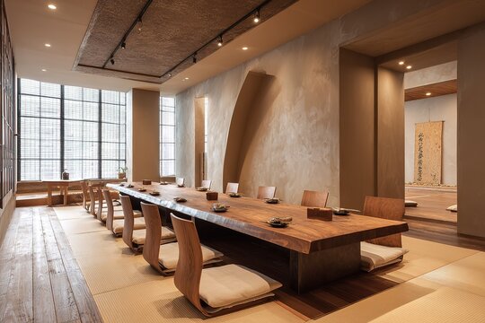 Modern japanese dining room with long wooden table and tatami floor