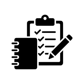 School Checklist icon featuring a clipboard with completed tasks and a graduation cap. Clean black and white vector design ideal for education, schools, academic planning, and student management syste