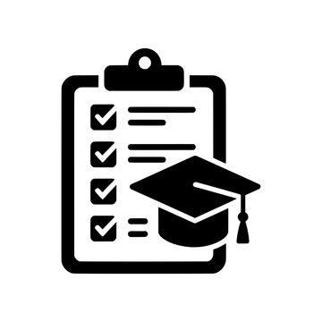 School Checklist icon featuring a clipboard with completed tasks and a graduation cap. Clean black and white vector design ideal for education, schools, academic planning, and student management syste