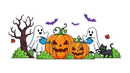 Fototapeta premium Spooky Halloween Celebration: Two cute ghosts stand guard over carved pumpkins, flanked by a black cat and barren tree under a sky filled with flying bats.