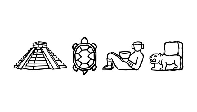 Temple, porthole, diver, and train in doodle line travel mix