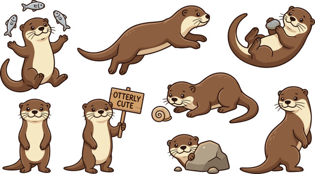 Cute Otter Vector Illustration Set Featuring Adorable Brown Otters Juggling Fish Swimming Holding Sign and Playing with Rocks for Kids Designs