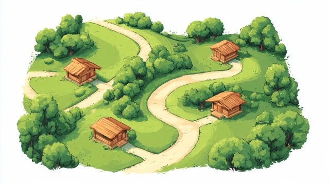 Serene hill landscape with winding dirt paths lush green trees multiple small wooden cottages
