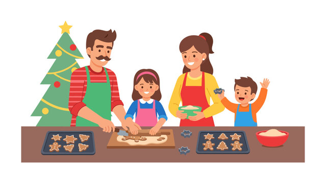 Christmas Baking Fun: A joyful family is busy baking Christmas cookies together in a cozy kitchen, with a decorated Christmas tree in the background, creating sweet memories.
