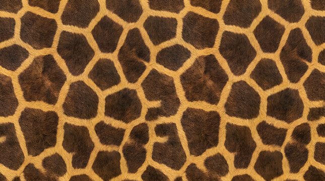 Seamless pattern of cool giraffe fur, large brown irregular polygon patches, short yellow hair between spots, African wildlife texture, repeating design.