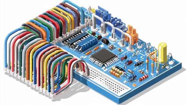 Colorful Arduino microcontroller board with wires and electronic components for educational projects