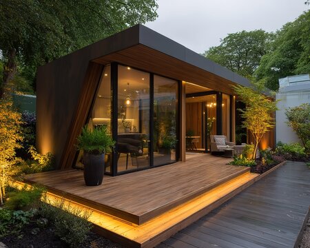 Modern garden studio with wooden deck and glass walls at dusk