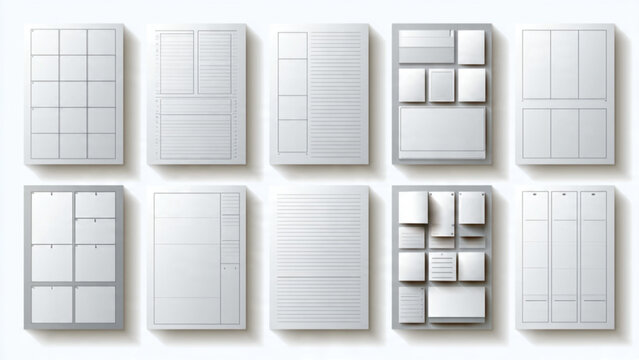 Set of white blank notebooks with various page layouts and grid paper designs for writing journaling or planning activities