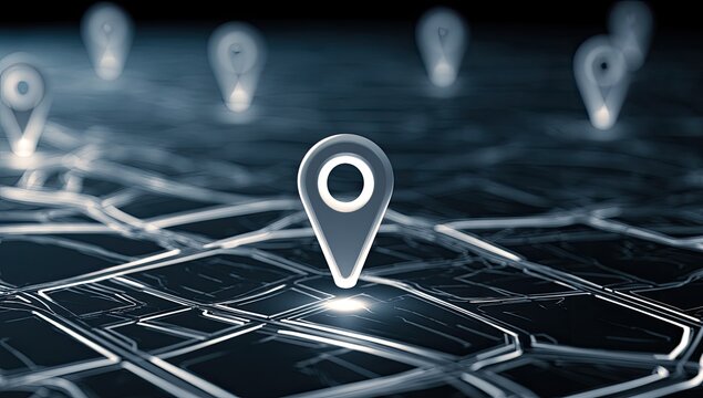 Digital map with glowing location pins on dark background