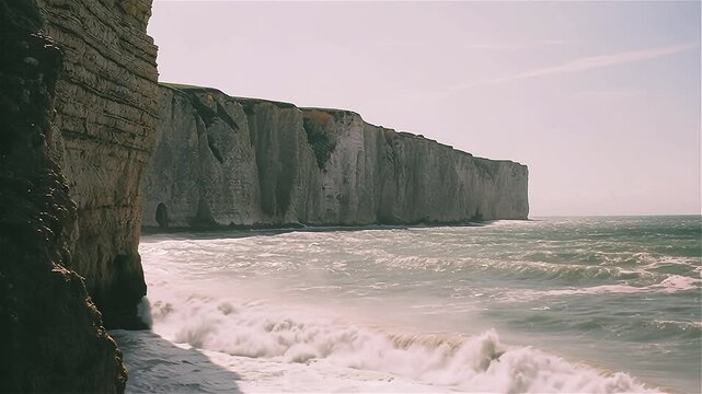The famous chalk cliffs standing tall against a vibrant blue ocean with waves crashing below. White Cliffs of Dover Overlooking the Sea
