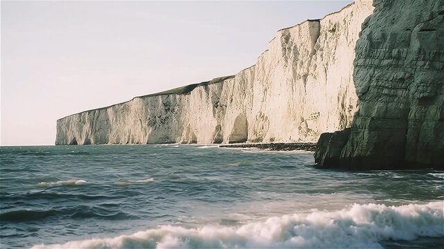 The famous chalk cliffs standing tall against a vibrant blue ocean with waves crashing below. White Cliffs of Dover Overlooking the Sea
