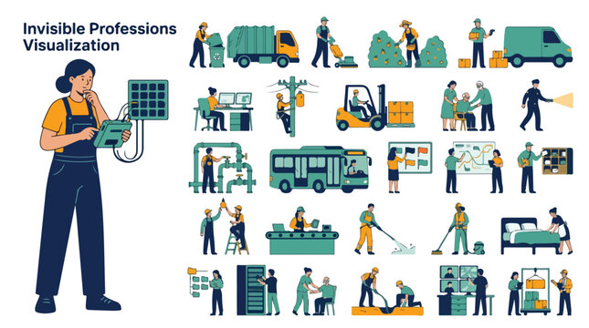 Invisible professions visualization set, essential service workers and labor icons, flat vector collection of community maintenance and utility staff