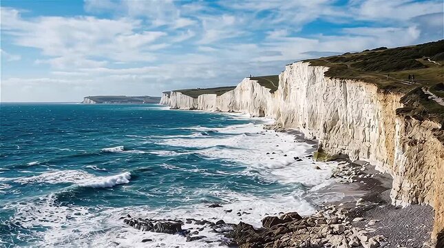 The famous chalk cliffs standing tall against a vibrant blue ocean with waves crashing below. White Cliffs of Dover Overlooking the Sea

