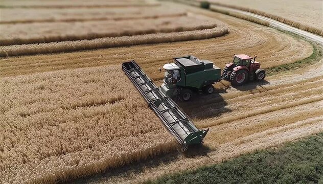Aerial drone view of combine harvester tractor harvesting ripe wheat in the field. Harvester machine driver cutting crop in farmland. Organic farming, Agriculture concept.

