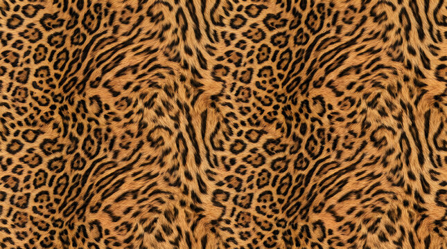 Cool seamless ocelot fur pattern, intricate dark rosettes and stripes on tawny background, exotic wild cat texture, sleek animal skin, repeating background.