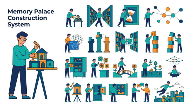 Memory Palace Construction System vector set, mnemonic technique icons for mind mapping and learning, cognitive psychology brain training illustrations