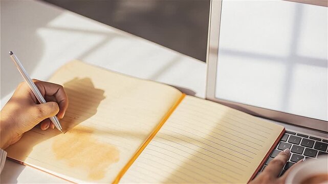 Hands writing notes in a notebook beside a laptop, work-from-home desk setup, slight coffee stain on paper for realism