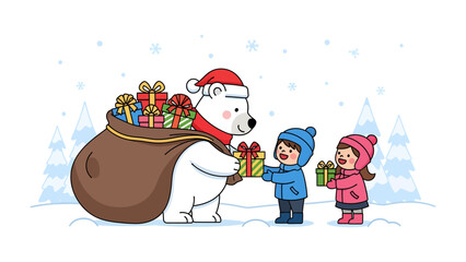 Santa Bear's Gift Giving: A cheerful polar bear dressed as Santa Claus distributes presents from a large sack to two happy children in a snowy winter landscape.