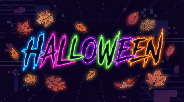 Vibrant Neon Halloween Text with Floating Autumn Leaves on Dark Background