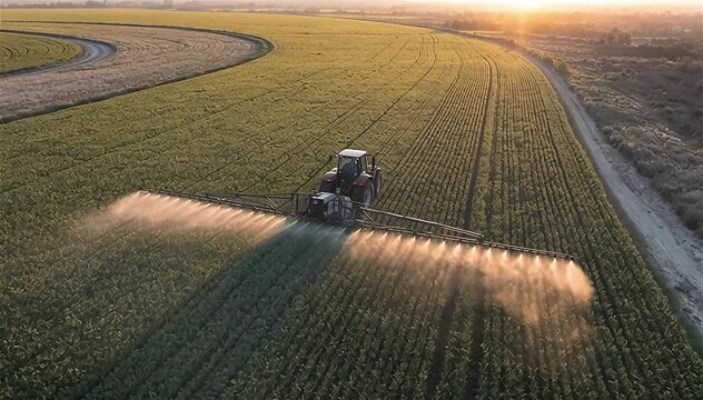 Aerial view of farming tractor spraying on field with sprayer, herbicides and pesticides at sunset. Farm machinery spraying insecticide to the green field, agricultural natural seasonal spring works.
