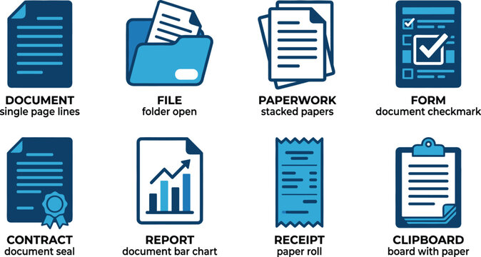 Modern business document icons featuring single pages, open folders, stacked papers, and checkmark forms.
