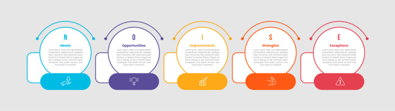NOISE framework infographic template with big outline circle with rectangle badge on footer bottom with 5 points information flat style