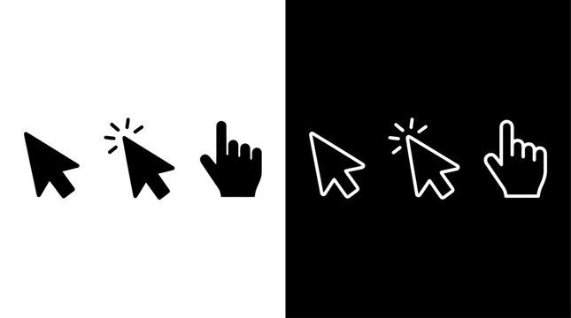 Graphic icons of mouse cursors and hands pointing with cursor effects