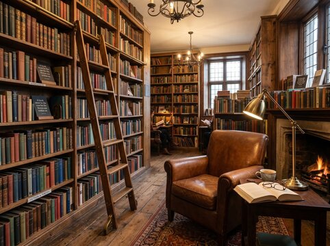 Cozy Vintage Bookshop Interior with Reading Nook