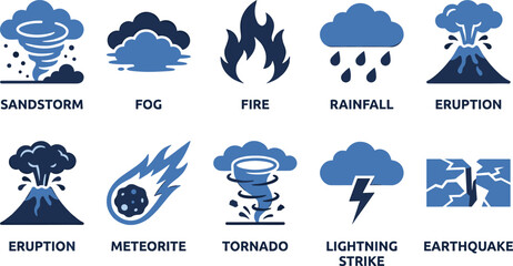 Fototapeta premium Natural disaster and extreme weather phenomenon icon set with tornado earthquake fire and volcanic eruption.