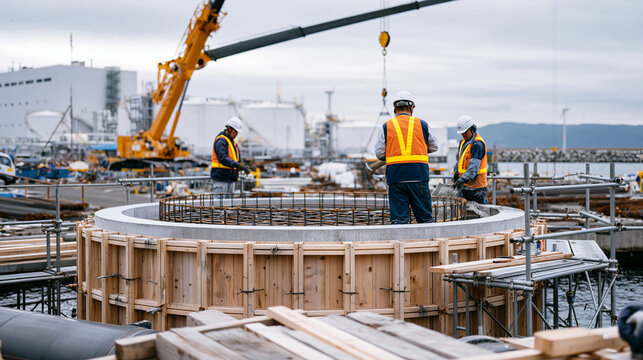 Ocean thermal energy conversion cold water pipe concrete anchor being cast at coastal fabrication yard, rebar cage visible within massive formwork, construction workers on scaffolding placing concre