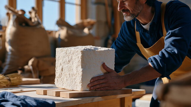 Mushroom mycelium packaging block being pulled from mold by worker at small sustainable packaging startup, texture of organic foam clearly visible, agricultural hemp hurds substrate bags stacked beh