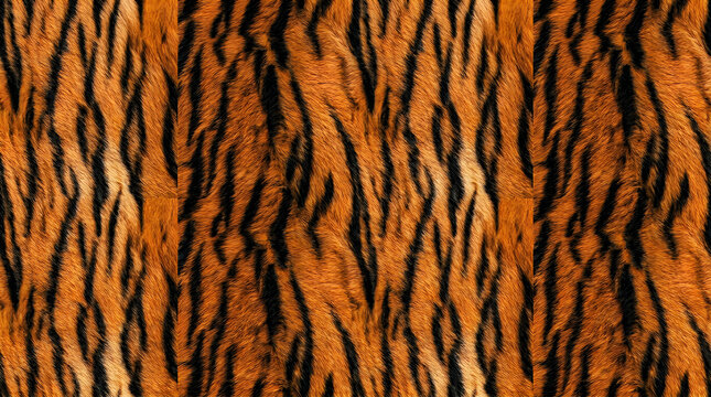 Seamless pattern featuring cool tiger fur, vivid orange and black vertical stripes, realistic feline texture, wild animal skin, smooth repeating design.