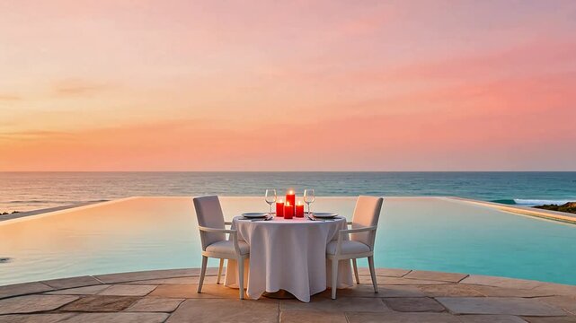 Dinner table by infinity pool at sunset