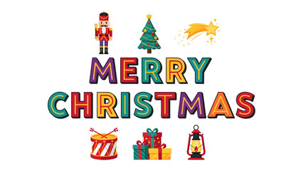 Naklejka premium Festive Merry Christmas Greeting: A vibrant collection of holiday elements including a nutcracker, Christmas tree, shooting star, drum, gift boxes, and lantern.